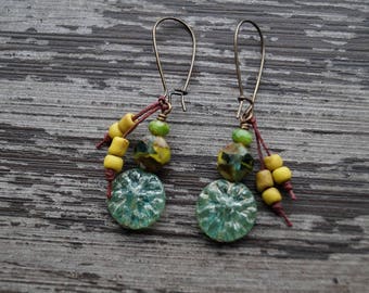 Green Earrings - Lucky Green - Dahlia - Rustic Dangle Earrings - Teal and Olive - Long Earrings - Bead Soup Jewelry