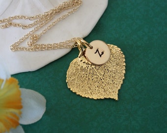 Bridesmaid Necklace Leaf Personalized, Bridesmaid Gift, Real Leaf Necklace,Initial Gold Filled Charm