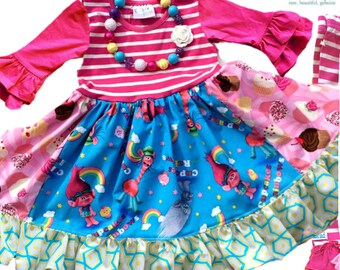 Trolls dress Cupcake and Rainbows, troll birthday dress, Momi boutique custom dress