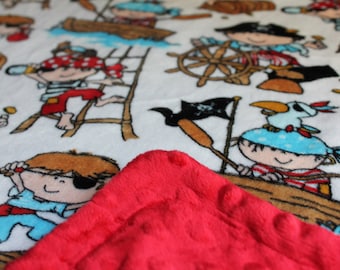Minky Blanket Pirate Print Minky with Red Dimple Dot Minky Backing - Perfect Size a Toddler or Child
