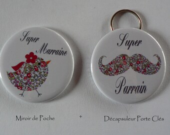 Duo Cadeau Parrain Marraine Décapsuleur Porte Clés Miroir de Poche Liberty.