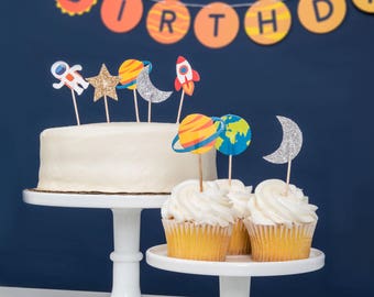Trip to the Moon- Cupcake Toppers | Outer Space Decorations | Birthday | Baby Shower | Rocket, Planet Theme