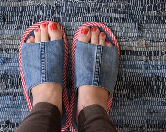 Jeans slippers,denim slippers, recycled jeans slippers,man slippers,women slippers,kids slippers