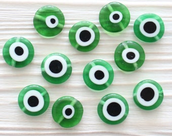 10pc-12mm green evil eye, emerald, round glass beads, glass beads, lamp work beads, evil eye beads, DIY, flat glass beads, good luck beads