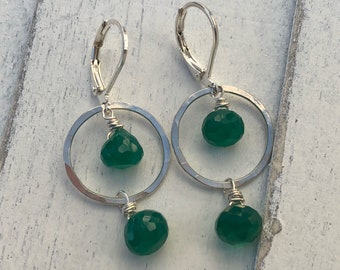 Simple sterling silver hoops with green onyx.