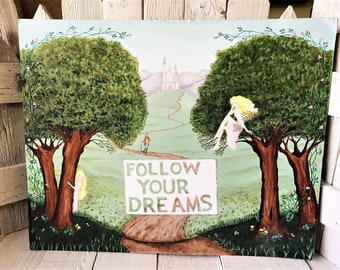 Fairy painting original altered upcycled fairytale landscape castle inspirational message/ free shipping US