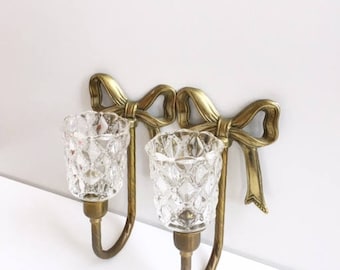 Pair of Vintage Brass Bow Wall Sconce Set of 2 Brass Candle Holders - Elegant Brass Home Decor Wall Decor Hollywood Regency Romantic Decor