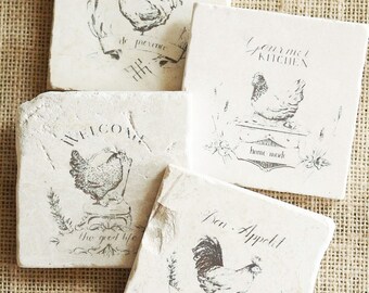 French Country- Shabby Chic, Chicken, Decor, Rooster, Chicken Gift, Rooster Gift, French Country Decor, French Country Gift, Coaster, Tile