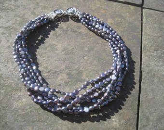 Multi-Strand Freshwater Pearl 20" Adjustable Necklace in Blue and Lavender