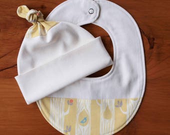 Yellow Teething Bib and Baby Hat Set; Handmade Baby Gift; Organic Cotton, Woodland Newborn Baby Cap and Drool Bib Gift; Tree Stripes Yellow