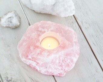 Rose Quartz candleholder. T-light holder Boho home decor. Bohemian homewares. Meditation Crystal. Rose quartz crystal