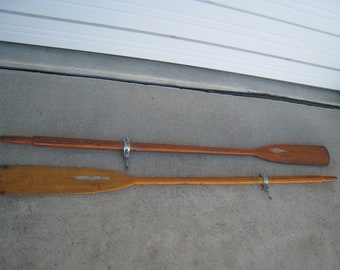 Pair of Vintage Row Boat Oars Varnished Wood Copper End Cap Nautical Coastal Lake Cottage Waterfront Shore Decor