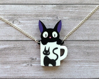 Jiji and his cup necklace from Kiki's delivery service - Ghibli, Miyazaki, geek, cute, kawaii, black cat, laser cut acrylic, handpainted