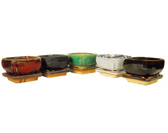 Succulent Ceramic Planters Small Bonsai Plant 4" Square Container Pots With Saucer Dish Five Color Choices