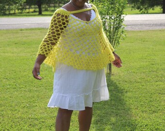 Bright Yellow Lover's Knot Crochet Poncho - Summer - Swimsuit cover-up - Handmade