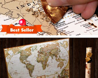 Paper Anniversary Gift for Him - scratch off travel map with push pins