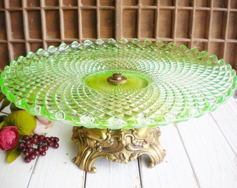 English Hobnail Green Cake Stand Vaseline Glass Hobnail Collectable 12 Inch Vintage Wedding Cake Stand , Heirloom Cake Stand. Collectable