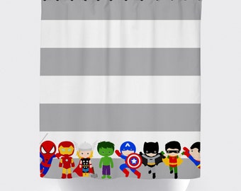 Superhero shower curtains, superhero shower curtain, fabric shower curtain, superhero bathroom, batman, spiderman