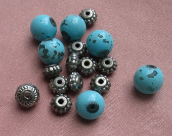 Lot Of Salvaged Turquoise Colored & Silver Colored Plastic Beads Flaking
