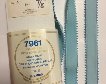 SPECTACULAR SALE. 10 Yards OF Vintage Velvet Ribbon Pretty Picot Edge. Made in Switzerland. Width 7/8” wide.