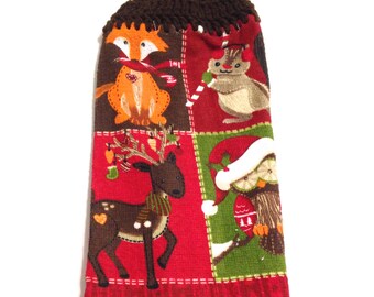 Christmas Animals Hand Towel With Espresso Brown Crocheted Top
