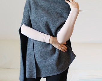Poncho, wool cape, minimal gray wool poncho cape