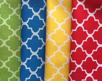 Green, Blue, Yellow, Red Color Quatrefoil Summer Cloth Napkins, Set of 12
