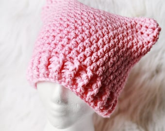 Sale- Womens or teen light pink cat hat, kitty cat ear hat, kitty ear hat, cat beanie, soft chunky yarn. Custom colors available.