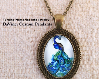 Peacock Pendant Necklace - Good Luck - Friend, Bird Lovers Gift, Photo Art Jewelry, Feathers Picture Keepsake, Memento Charm CoWorker Moving