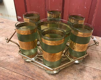 Vintage Culver Green Gold Starlyte Barware Set - 6 Highball Drinking Glasses, Ice Bucket, Caddy