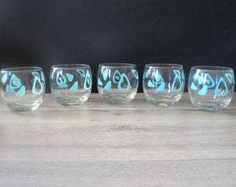 Vintage Aqua Amoeba Boomerang Roly Poly Glasses Set of 5