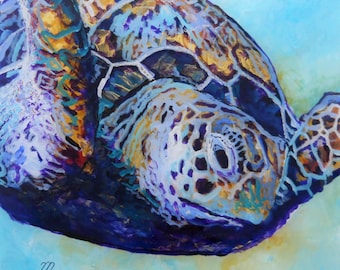 Honu 2 Sea Turtle 8x8 Ocean Art Print from Kauai Hawaii by Marionette blue teal gold purple turquoise