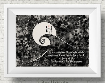 The Nightmare Before Christmas inspired, Jack and Sally, Quote, Watercolor print,Nursery art, Kids Room Decor, Poster, print