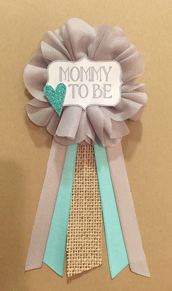 Gray Teal burlap Baby Shower Pin Mommy to be pin Flower Ribbon