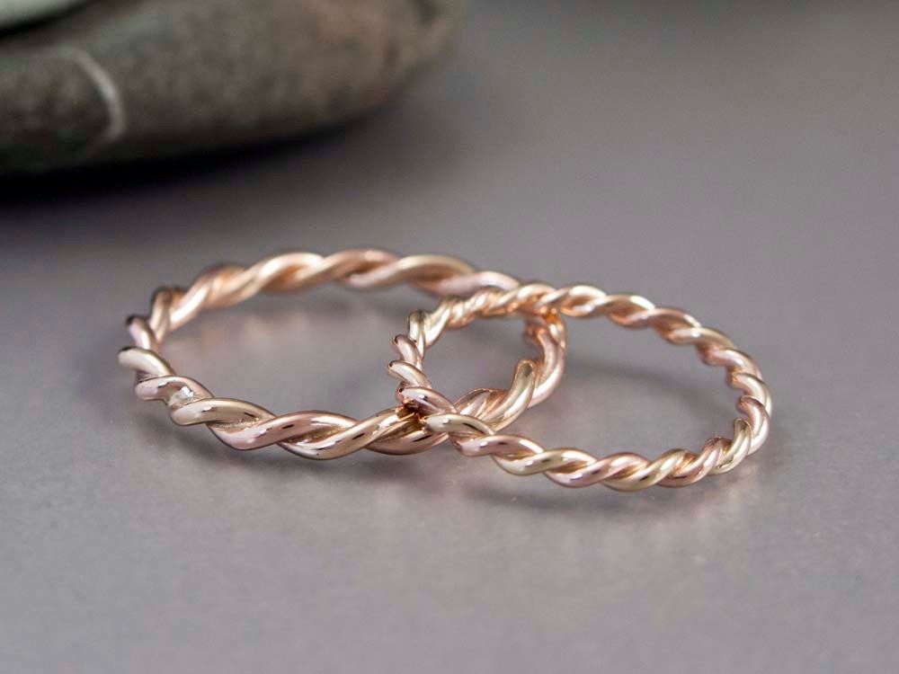 14k Gold Rope Twist Wedding Ring Set 2mm and 2.5mm Wide Two