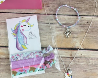 Unicorn Gift Set - unicorn bracelet, unicorn initial charm necklace, unicorn hair ties, unicorn gift set, unicorn gift box, pink and gold