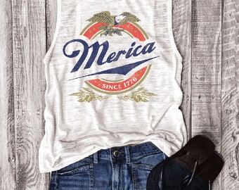 Merica Since 1776... Muscle Tee in White Slub, Funny Shirt, Muscle Tank, Fourth Of July, July 4th, Independence, USA, Patriotic,Flag
