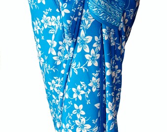 Plumeria Beach Sarong Skirt Batik Pareo Women's Clothing Wrap Skirt Beach Skirt or Dress Batik Sarong Cover Up - Blue & White Beach Wedding