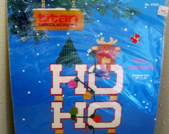 On Sale, Titan Needlecraft, Plastic Canvas Kit, Wall Hanging, Christmas "Ho Ho Ho", w/Rudolph, 10 x 19", 1990, New Kit, VINTAGE