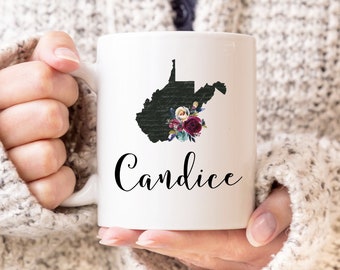 Personalized West Virginia Coffee Mug, Ceramic Mug, 11 or 15 Ounce Mug, Floral State Name Mug, Custom Gift, Birthday Gift, Bridesmaid Gift