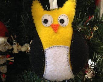 Owl, black and yellow hand-sewn felt ornament