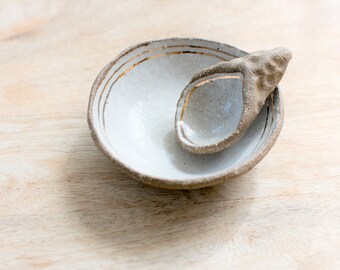 Gold lined bowl with spoon - Small condiment bowl - ceramic small bowl - Trinket dish