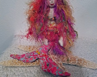 OOAK, Exquisite fiber sculpted mermaid sculpture sitting on real starfish, silk upper body and face, Swarovski crystal accents