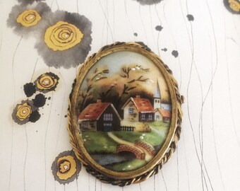 Vintage French Limoges Brooch /Pin Porcelain Cameo Brooch / Hand Painted Metal Framed Costume Jewelry Large Brooch France