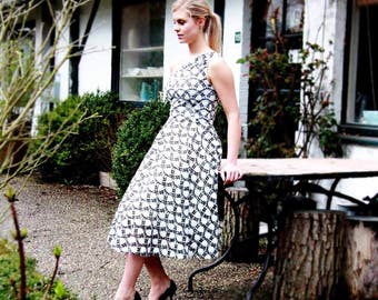 SALES One shoulder black white dress/ midi dress/ evening wear/ tulle midi dress/ prom dress/ swing dress/ one shoulder tea length dress