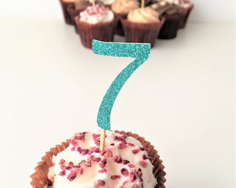 Seven Cupcake Topper. Number 7 Toppers. Seventh Birthday Party. Set of 10 Glitter Picks. 7th Birthday. Cake Accessories. Centrepieces.