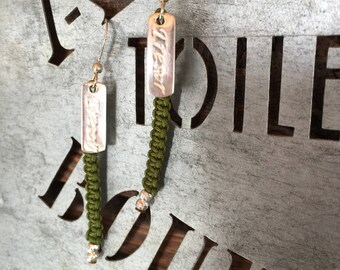 Earrings money(silver) and khaki macramé