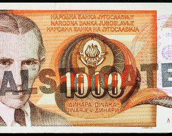Jugoslavia RARE 1990 p2 1000 Dinara Cancelled Counterfeit less than 2000pcs.UNC CV 125.