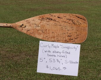 Wooden Canoe Paddle, 5 Degree S-Blade, Curly Maple "Simplicity" Design with Powder Post Beetle Holes filled with Black Epoxy