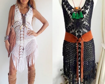 Cross Crochet Boho Dress with long Fringe/Off-White Colors/Festival crochet dress/Bikini Cover up dress/Hippie Fringe dress.